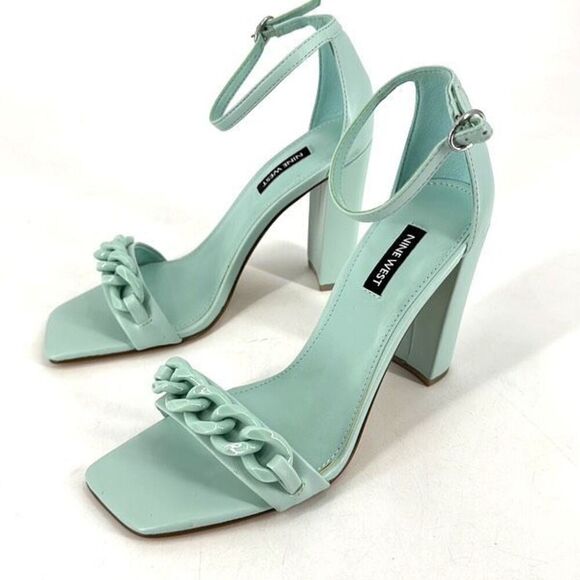 NWOT Nine West Womens Mindful Chain Square‎ Toe Heeled Sandals Mint Green Size 8 - Picture 1 of 11